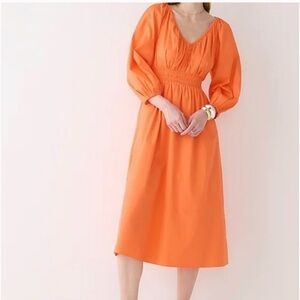 Jcrew Poplin Cotton Midi Dress with Smocked Waist in Fire Lily Orange - XS
